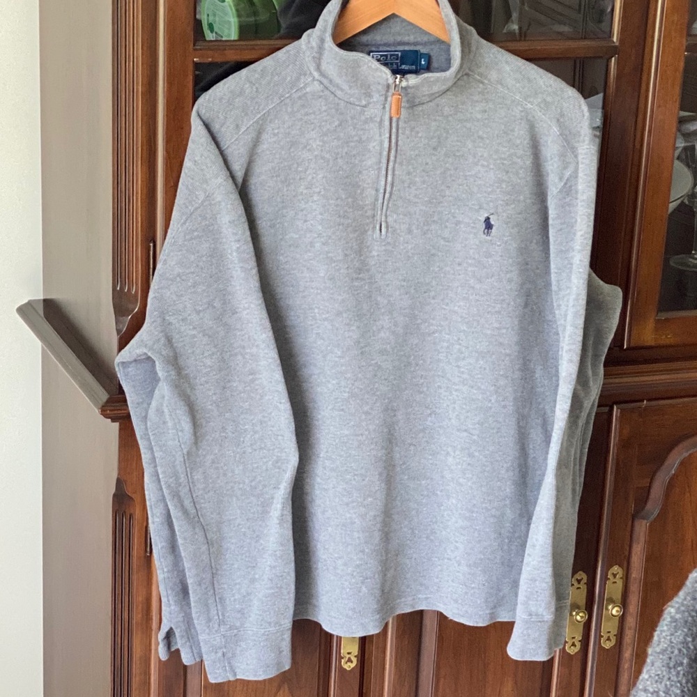 Grey Polo Quarter Zip Cotton Pullover Sweatshirt